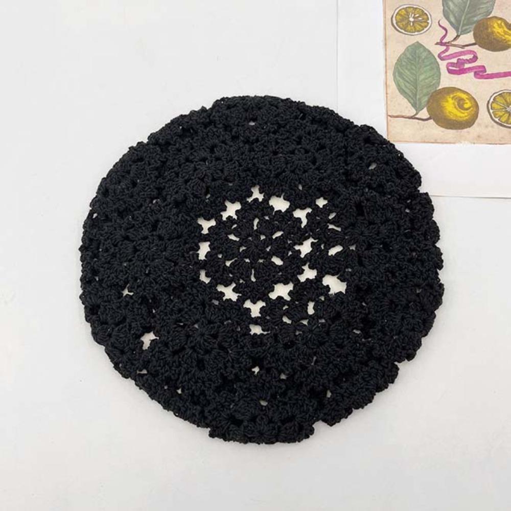 Breathable Hollowed Out Beret Hat Linen Spring Crochet Knitted Cap Lace Hollow Flower Hat  Girls