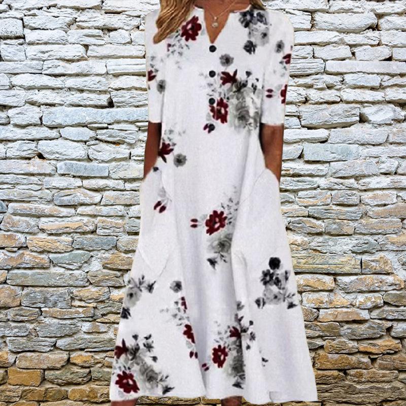Women's Spring and Summer Printed Pocket V-neck Loose Casual Long Dress