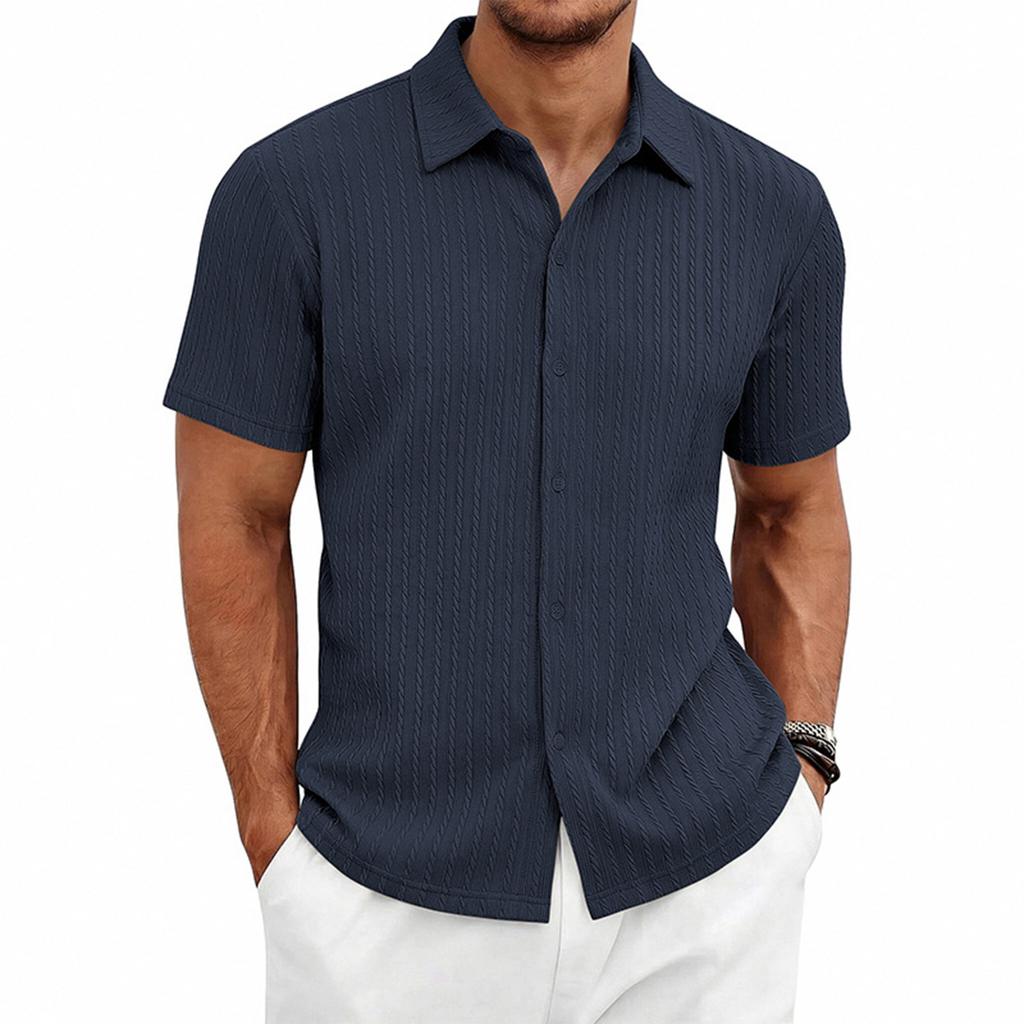 Men's Short Sleeve Button Down Shirt Knit Fabric Classic Collar Casual Fit Top for Daily Wear
