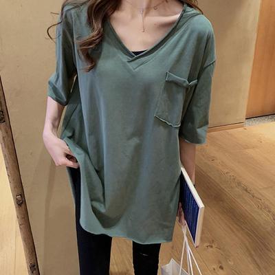 Cotton Split-ended T-shirt Women's Summer Loose and Thin V-neck Korean Version Long Short-sleeved V-neck