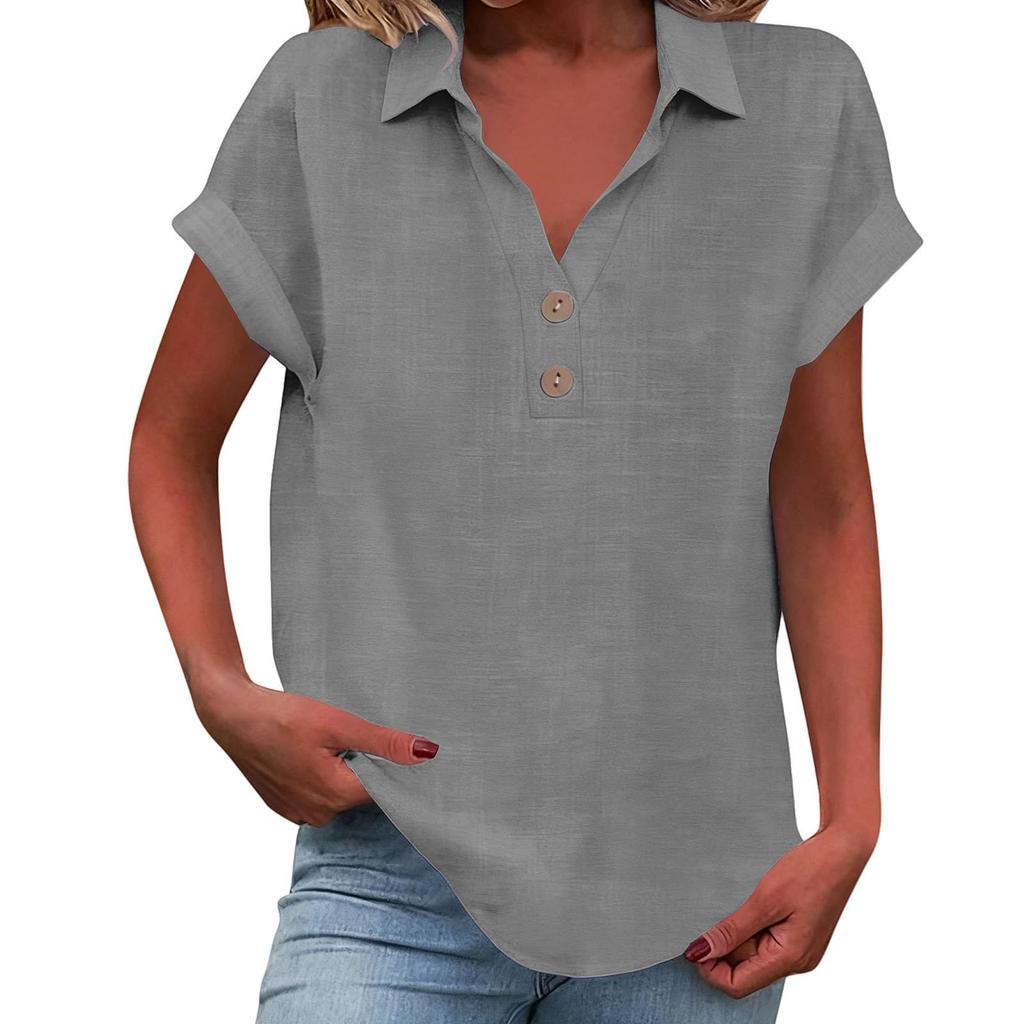 Women's Fashion Casual ,Colour Button,Down Collar Short,Sleeved Shirt T,Shirt Top