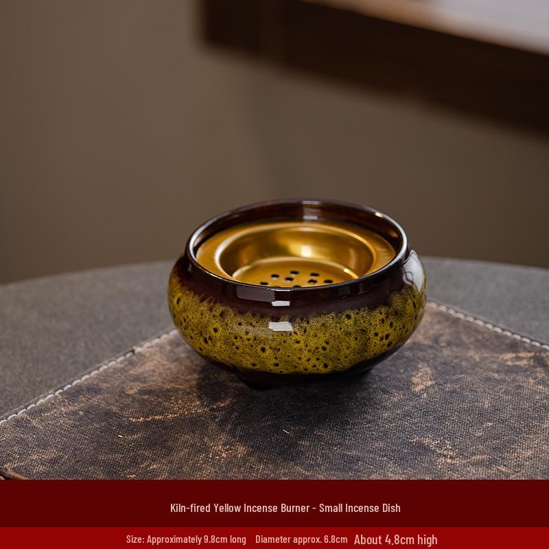 Portable Ceramic Sandalwood Incense Burner: Golden Bowl Ornament & Incense Plate