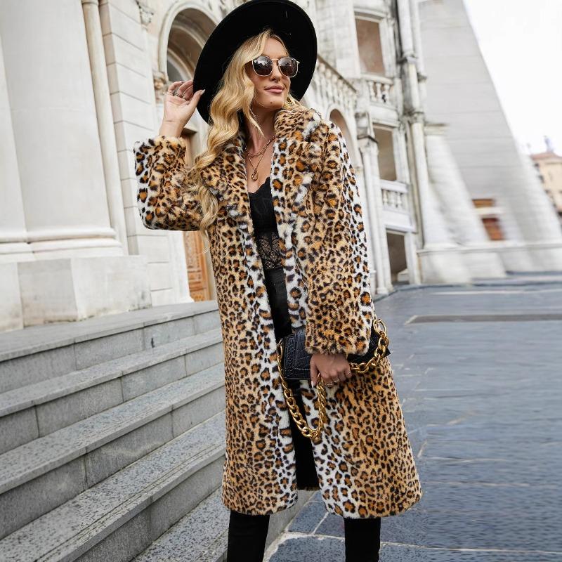 Women's Autumn and Winter New Leopard Print Suit Collar Long Imitation Fur Jacket Thermal Coat