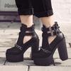 Punk Style Women's Short Boots Super High Heel Black Pumps Chain Decor Buckle Strap Booties Woman 2026 Platform Shoes Size35 42