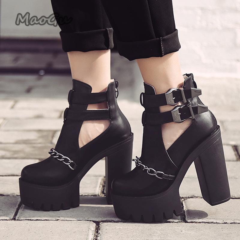Punk Style Women's Short Boots Super High Heel Black Pumps Chain Decor Buckle Strap Booties Woman 2026 Platform Shoes Size35 42