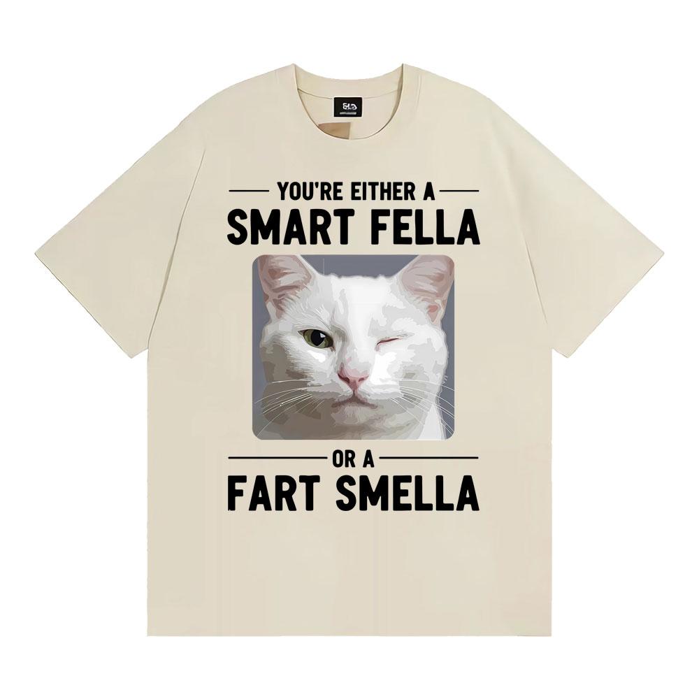 Winking Cat Smart Fella or A Fart Smella Graphic Tshirts Unisexs Women Clothing Retro Summer Short Sleeve Cotton Casual T Shirt