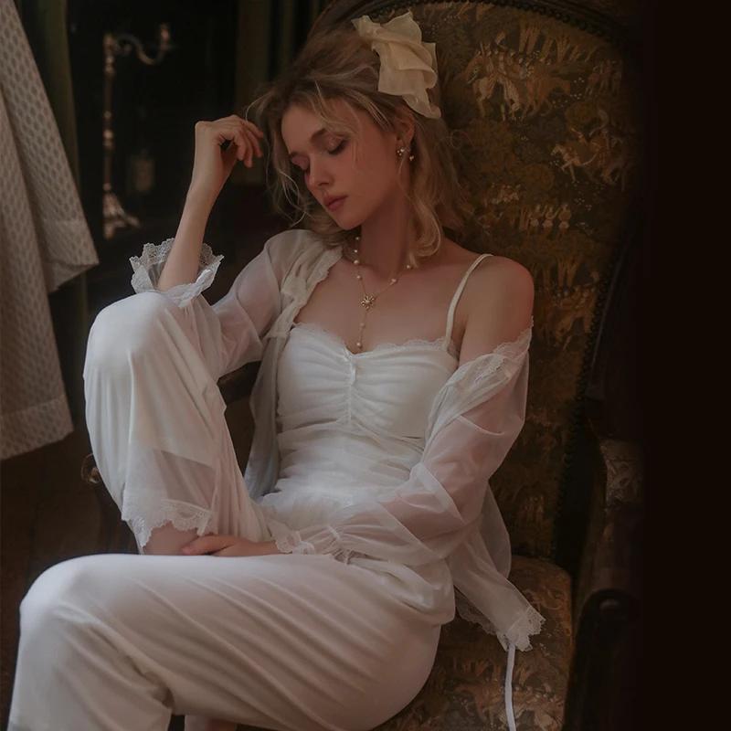 

Пижамы, женские сексуальные однотонные топы на подтяжках, осенне-зимняя сетчатая кружевная повседневная пижама из трех частей для женщин L