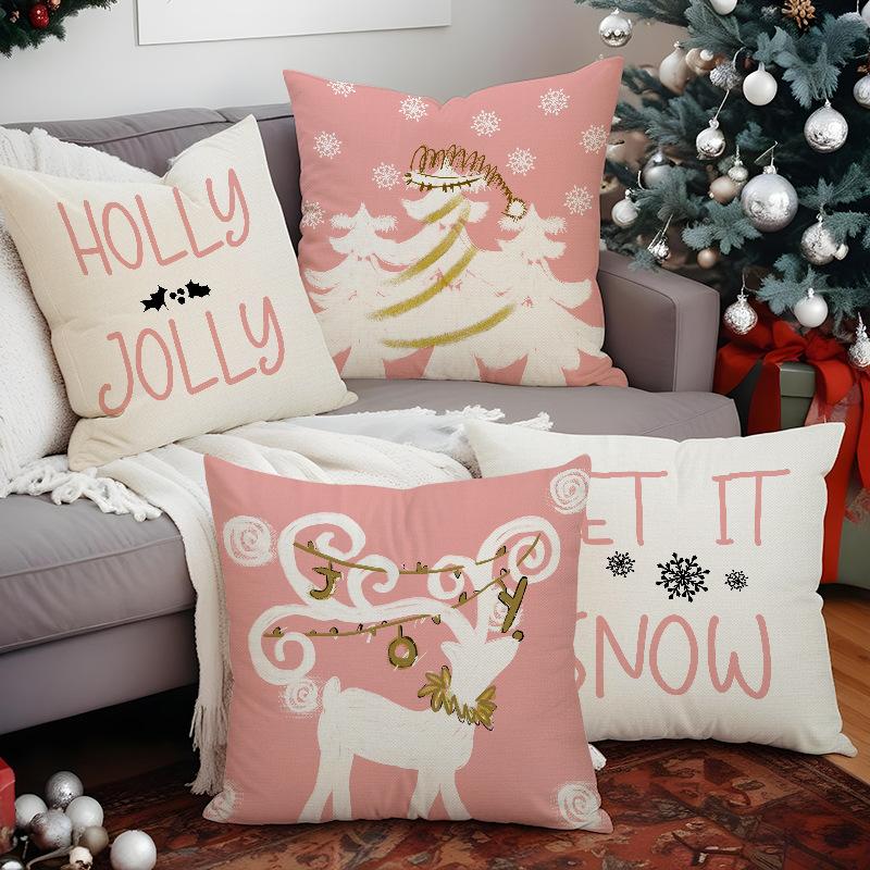 Neue Rosa Weihnachtsbaum Hirsch Weihnachts-Kissenhülle Leinen Bedruckte Kissenhülle Festliche Sofa-Dekoration Kissenbezug