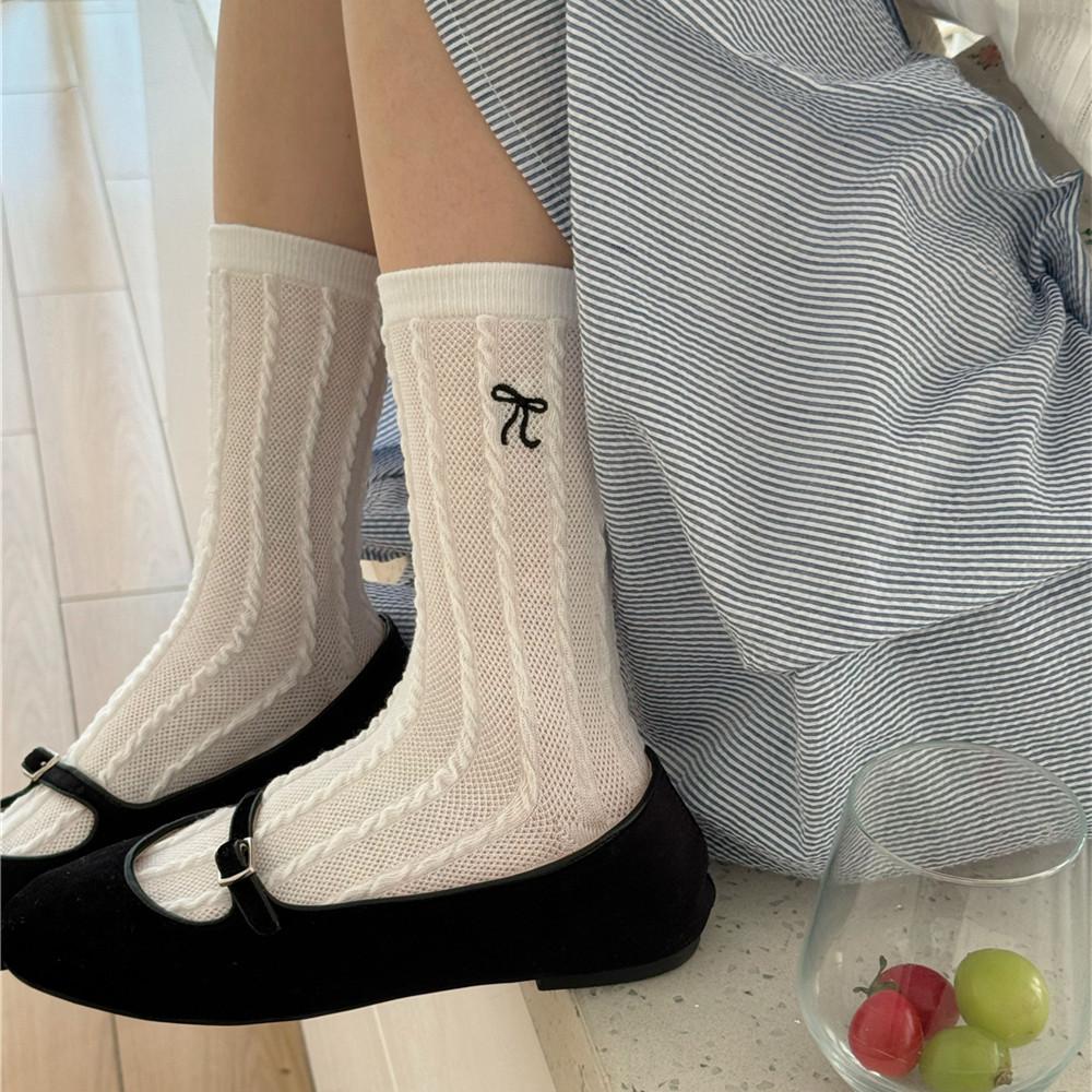 Women's Summer Bow College Style Breathable Hollow Mesh Mid Tube Socks