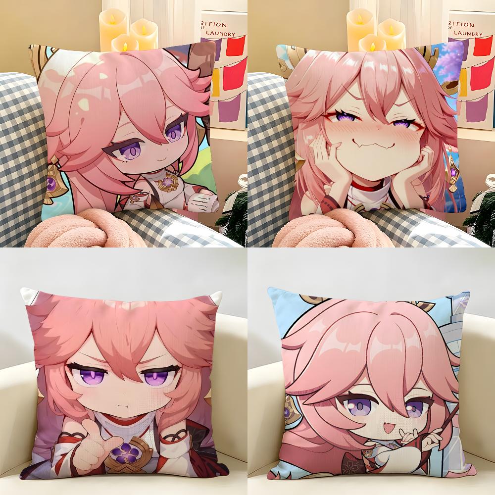 Yae Miko Cute Genshin Impact Cushion Cover Natural Linen Organic Fabric DoubleSided Printing Room Sofa Decor Pillow Case