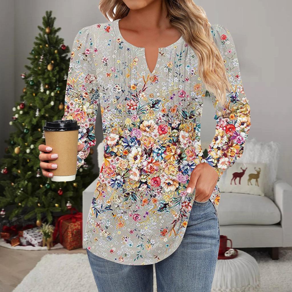 Damenmode Lässig Plissiert Rundhals Zierknopf Bedruckt Langarm T-Shirt Top