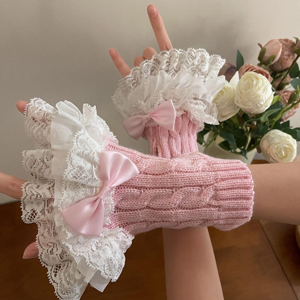 Y2k Lace Knitted Gloves Foot Warmer Lolita Hand Sleeves Fairy Bow Knot Gloves For Women/Girls