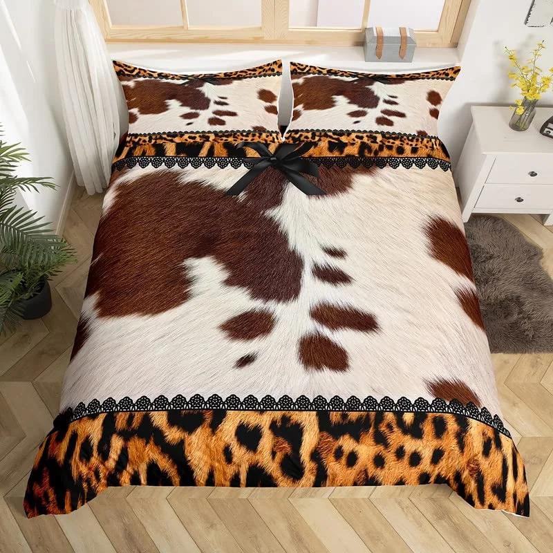 Cowhide Sunflower Duvet Cover Western Farm Animal Skin Bedding Set Microfiber Cow Fur Comforter Cover Twin For Boys Girls Room