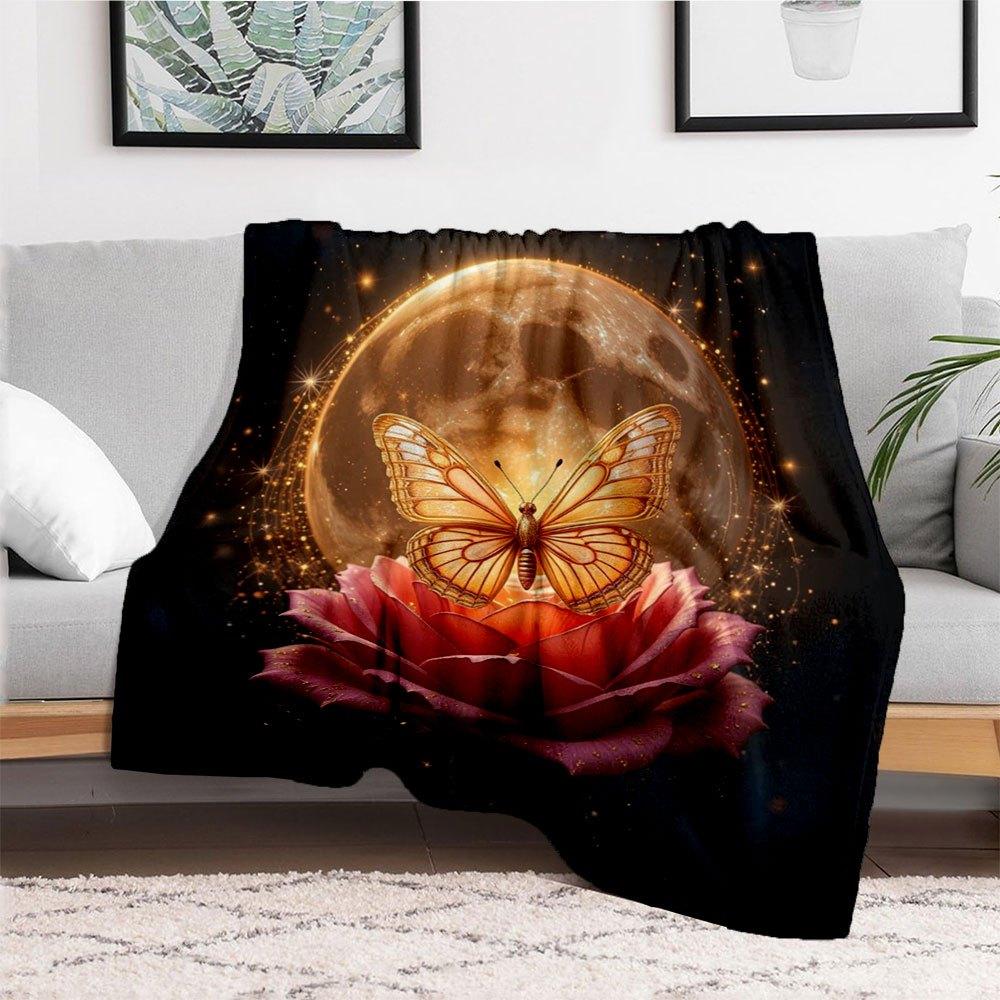 "Enchanted Moonlit Rose Butterfly Wall Art Print"Blanket Flannel Throw Blanket for Sofa, Bed, Travel, Camping, Office