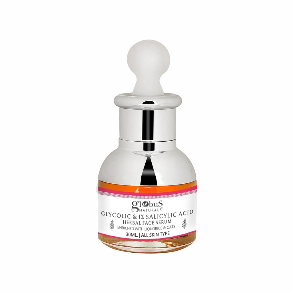Globus Naturals Glykolsäure & 1% Salicylsäure Anti-Akne Gesichtsserum, Für fettige & zu Akne neigende Haut, Natürliche & Ayurvedische Formel, Chemiefrei, Tierversuchsfrei
