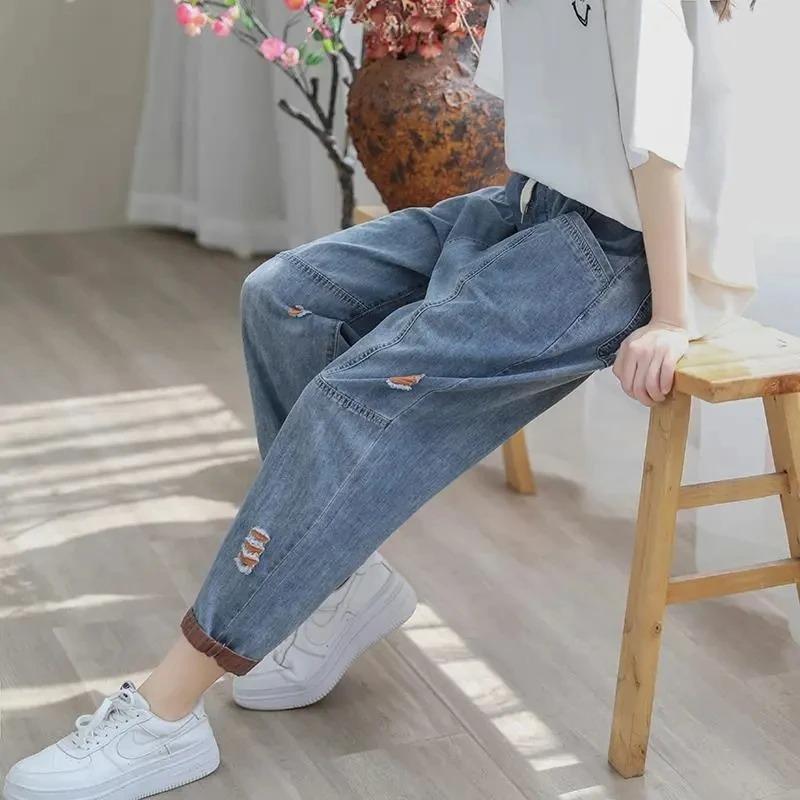 Nine Point Ripped Jeans Women Summer Loose Thin Elastic Waist Casual Harem Pants Denim Ankle Length Pant