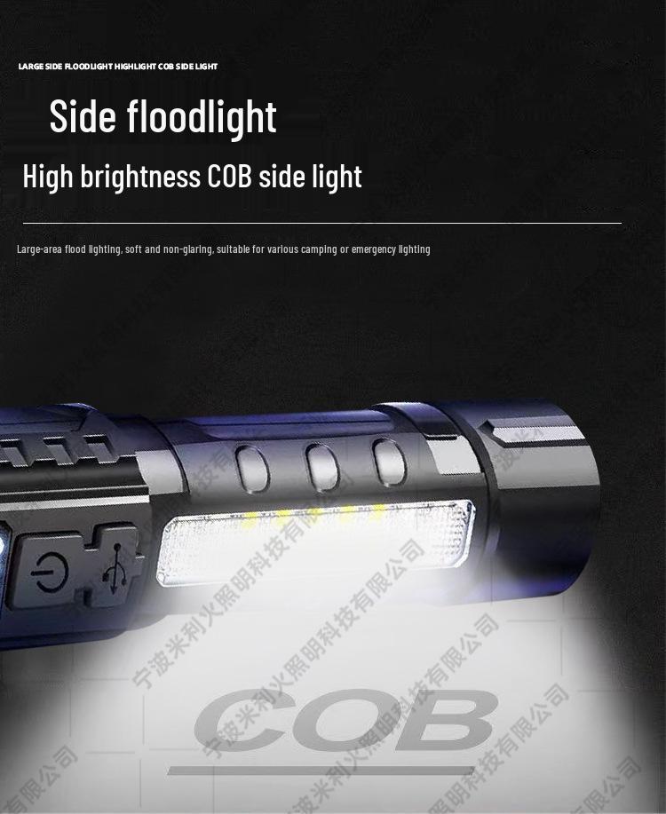 Cross-border Aluminum Flashlight with COB Warning Light & Telescopic Zoom