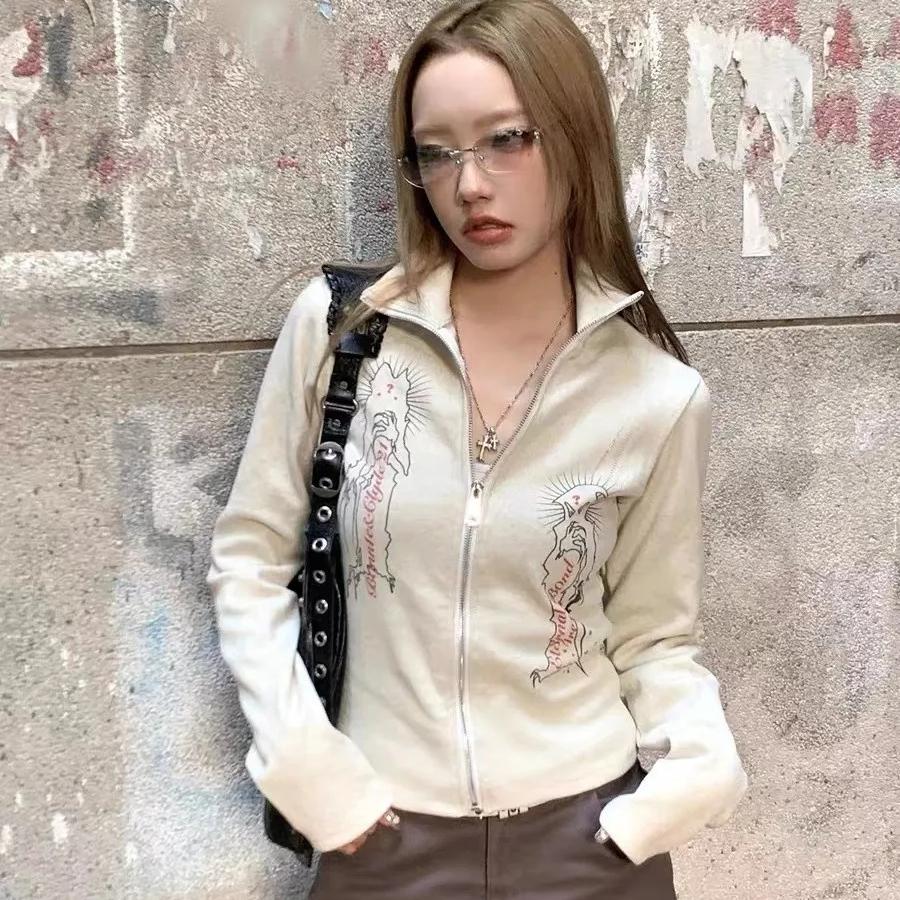 2KWEIRD Harajuku Turtleneck Cardigan Vintage Grunge Print Jacket Fairycore Y2k Ribbed Cardigans E-girl Graphic Clothes