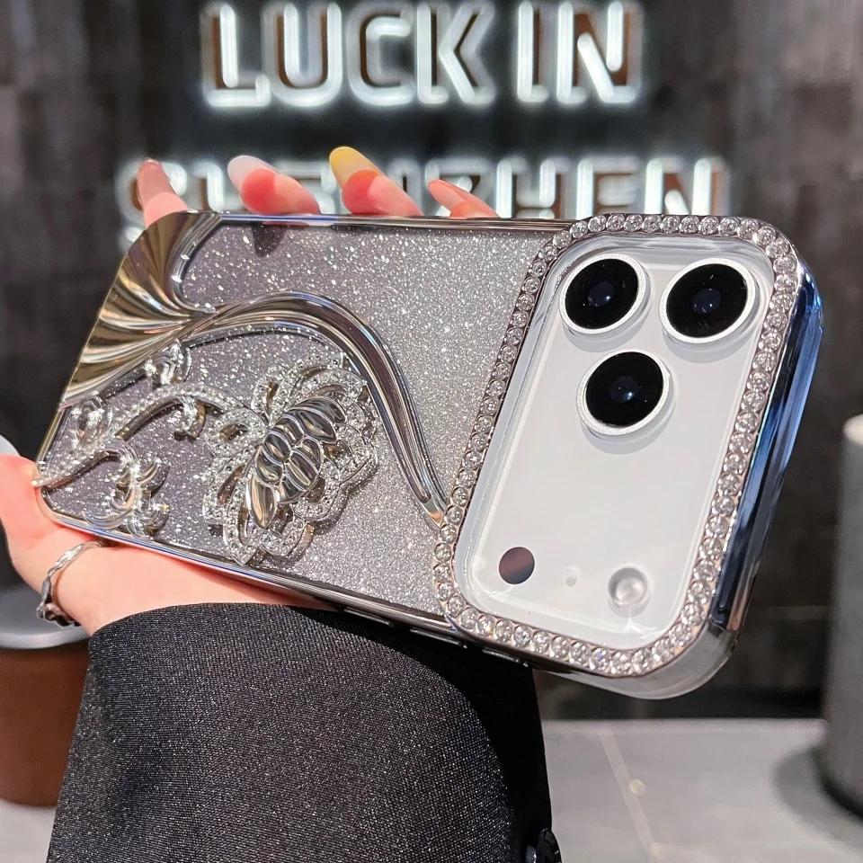 

Gradient Glitter Phone Cover for Apple IPhone 12 13 14 15 16 17 Pro Max Air Plus Diamond Flowers Plating Luxury Cases Women iPhone 16 Pro Max