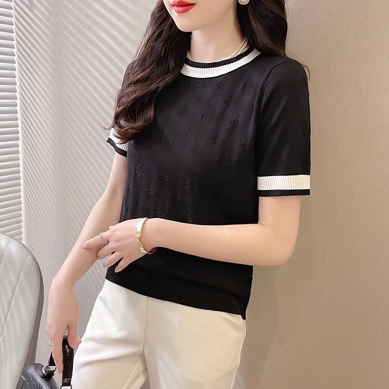 

Ice silk medium-sleeved T-shirt women s spring and summer 2025 new fashion inner knitted bottoming shirt fashionable foreign-style shirt top XL чорний