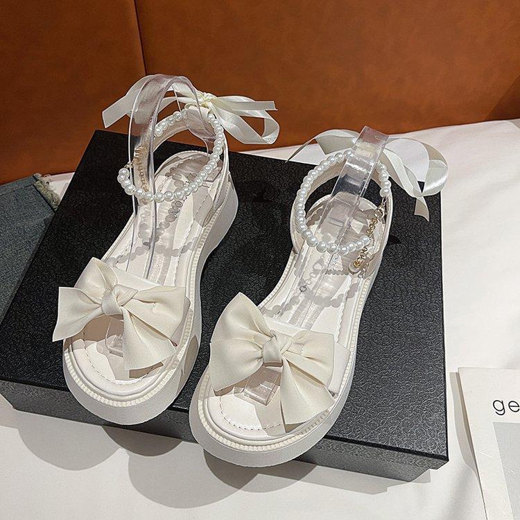 

SyfIyno Босоножки с бантом Женские Новые Летние Босоножки Один ремешок Толстая подошва Жемчужная пряжка Модные С открытым носком Римские Женские туфли 40