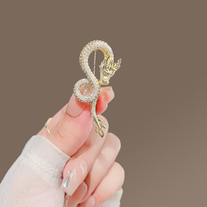 Chinese Zodiacs Shape Brooch Sparkling Dragons Zircon Lapel Pins for Women Animal Themed Breastpins Stylish Accessory