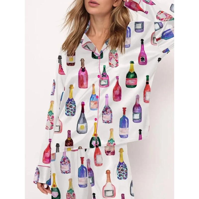 Pigiama da donna in raso Set da 2 pezzi Bottiglia di champagne Calici da vino Camicia a maniche lunghe con bottoni Pantaloni Raso Seta Abbigliamento da casa
