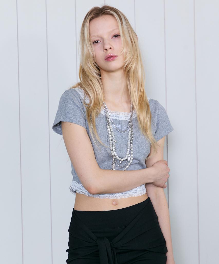 LALAFOX Lace Trim Eyelet Slim T-Shirt Gray Bs2Ch017