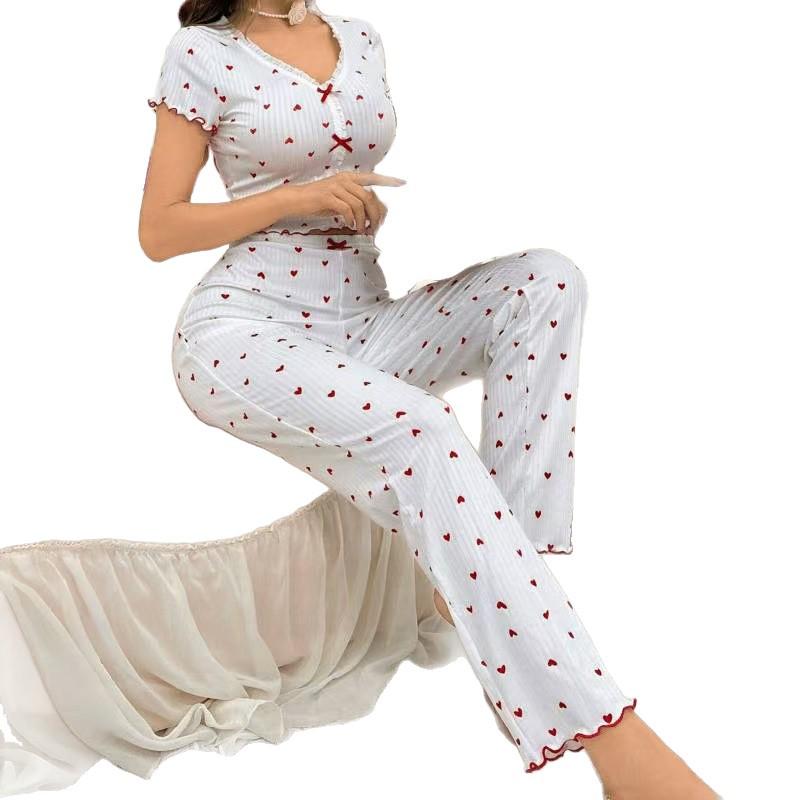 Heart Print Women’s Pajama Set: Stylish European & American Design, Wearable Outdoors, Long Pants, Two-Piece
