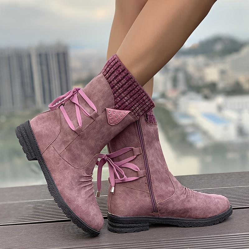 Vintage Classic Elegant 's Mid-Calf Boots. Elastic Collar Design, Lace-Up Adjustable for Plus Size S. Multiple Colors Available