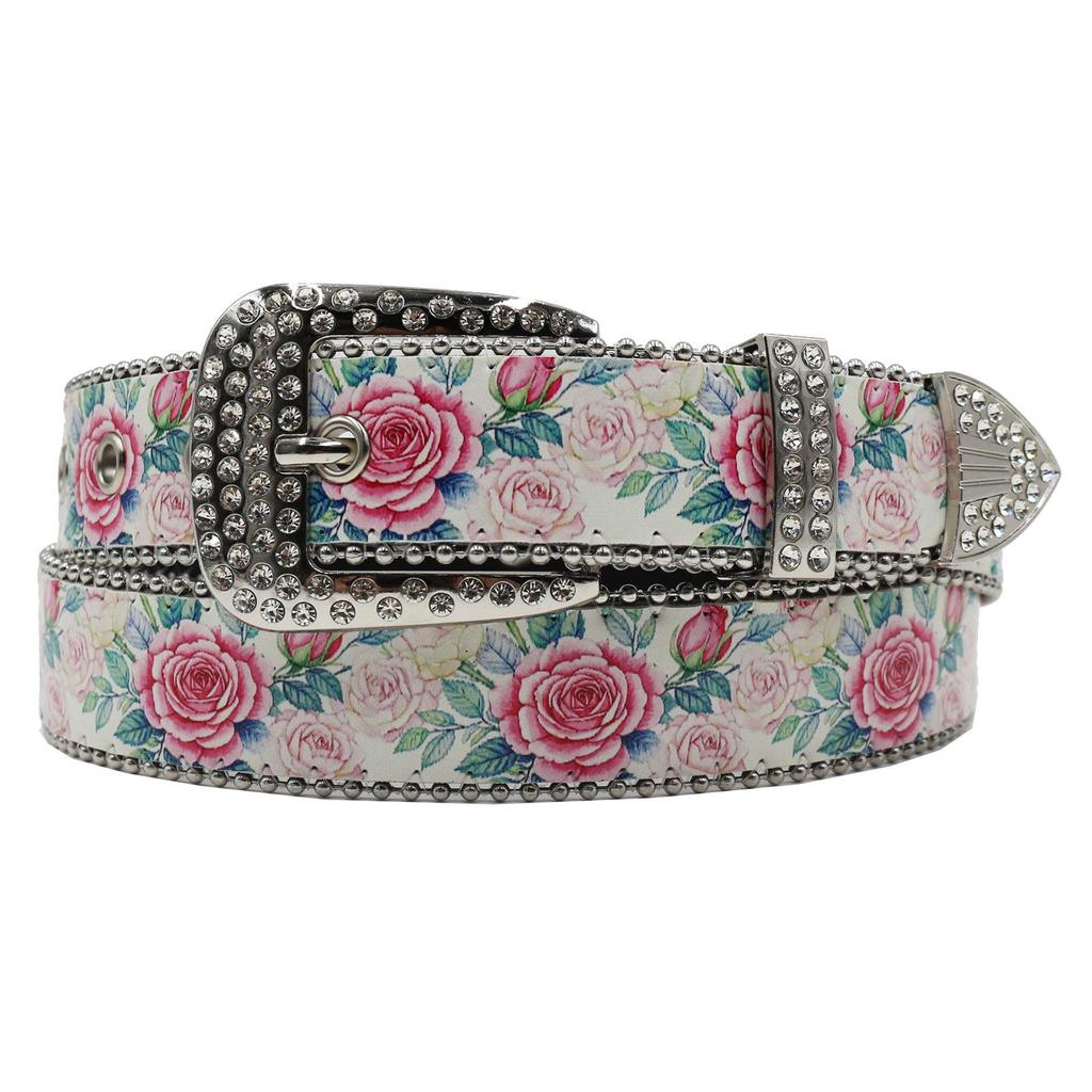 Rose Print Rhinestone Belt - Punk & Bohemian Y2K Style for Trendy Couples and Students