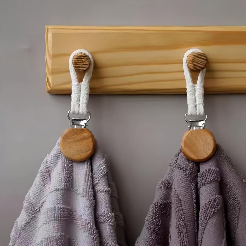 1-8PCS Towel Hanging Clips Woven Cotton Rope Bathroom Wood Round Head Metal Hanging Clips For Home Towel Clothes Storage Hook