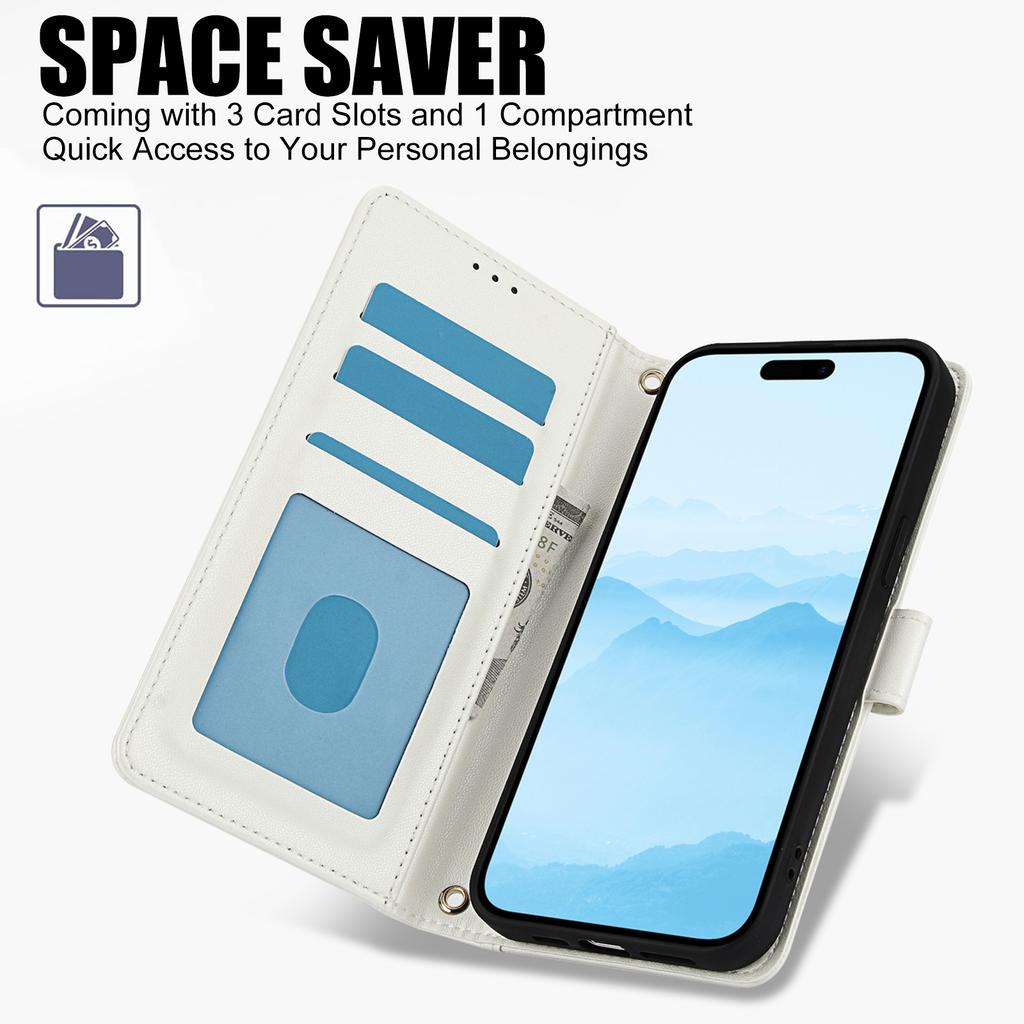 SY-003 For iPhone 15 Plus/14 Plus Case PU Leather Stand View Phone Wallet Cover with Hand Strap