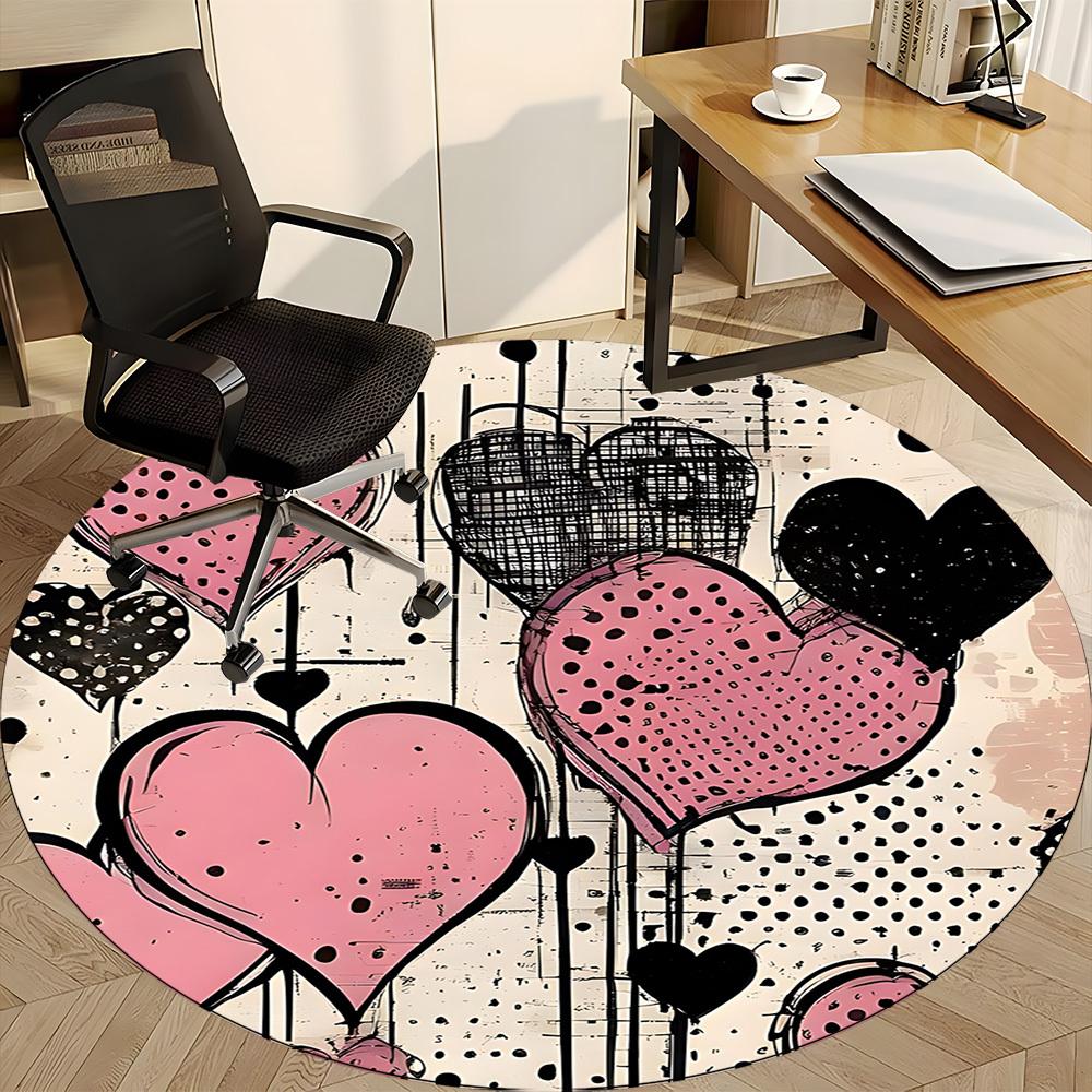 1pc Heart Print Chair Carpet for Office, Round Polyester Mat, Indoor Decor for Office, Washable Non-slip Carpet yy251219113