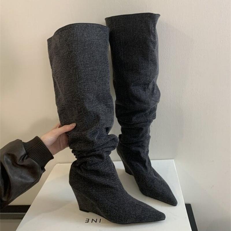 Fashion Fashion Gray Pointed toe Knee Boots Women Comfortable wedge Brand Designer botas para mujer high-quality Autumn Long women boots