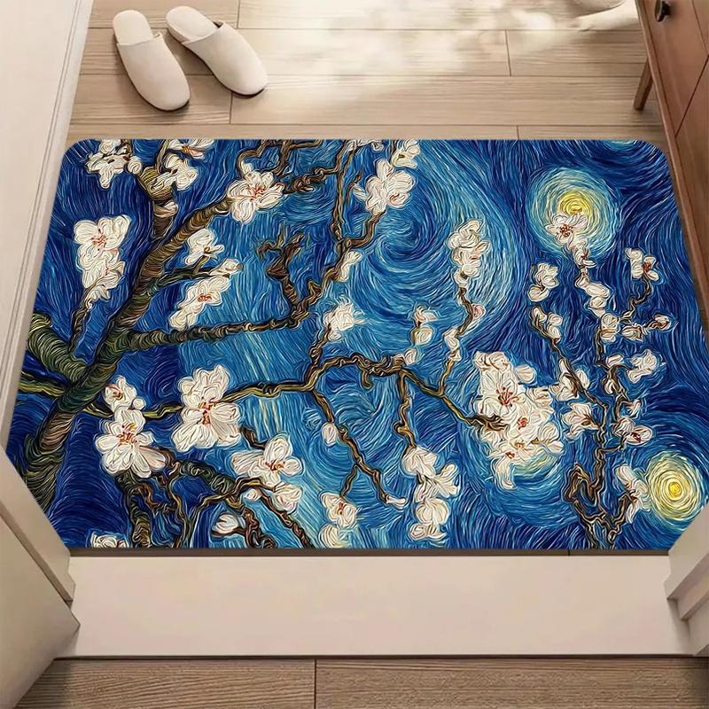 Van Gogh Inspired Almond Blossom Print Bath Mat Non Slip Soft Washable Floor Carpet for Bathroom Bedroom Entryway Decor 40x60cm
