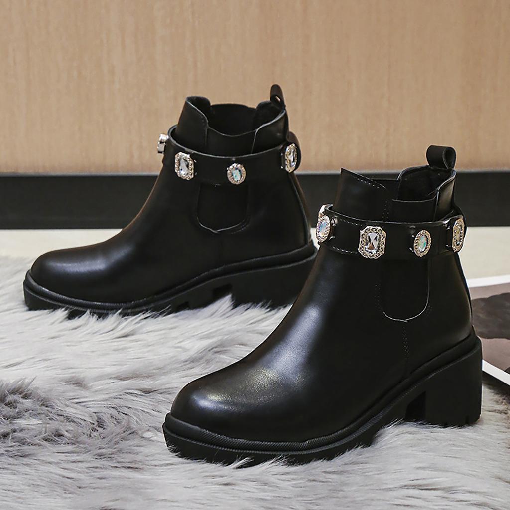 Women's Fashion Color Solid Color Ankle Boots Women's High Heel Rhinestone Chunky Heel Ankle Boots Suede Boots for Women