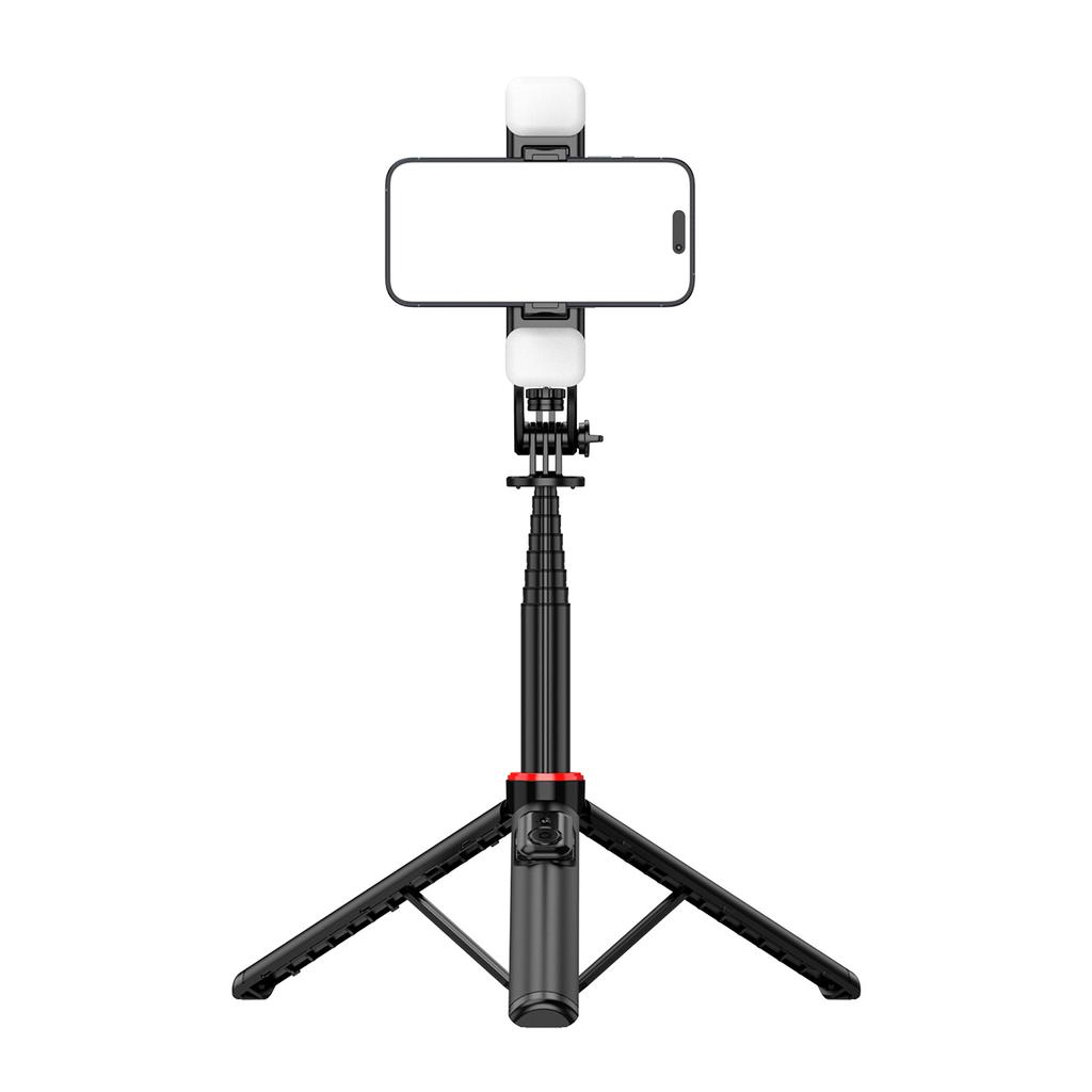 Aluminum Alloy Extendable Selfie Stick Tripod 1.3m with Dual Lights & Phone Holder - Black