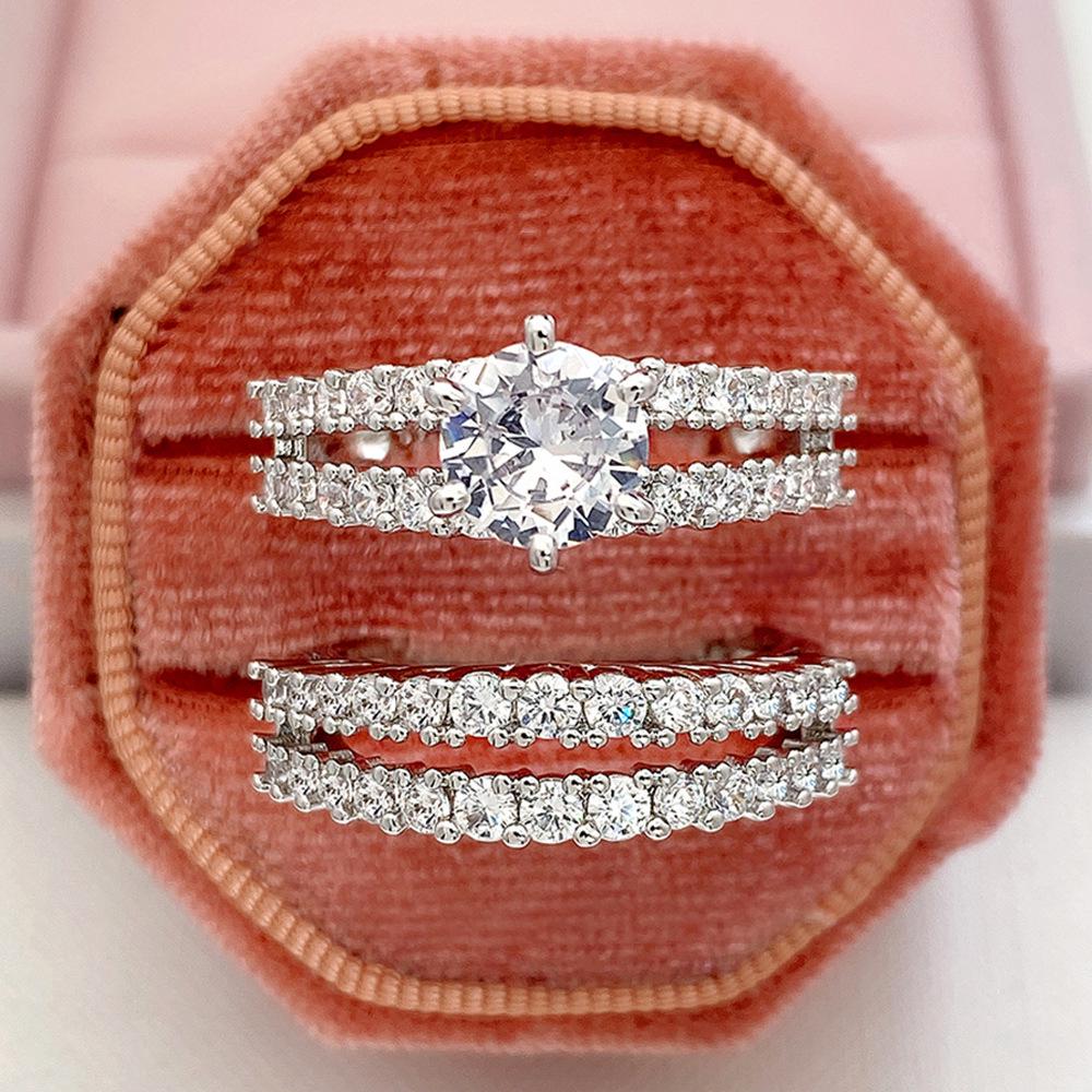 Cao Shi Double Layer Zircon Engagement & Wedding Ring Set for Women - European & American Style Diamond Bridal Jewelry