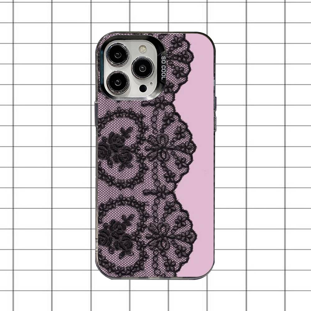 Koronkowy Styl Fajnej Dziewczyny Etui na Telefon Dla iPhone 16,15,14,13,12,11,8,7,Pro,Max,Plus,Mini,XS,SE Odporne na Upadki Czarne Matowe Twarde