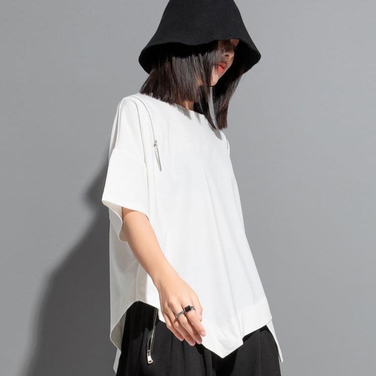 

DIMANAF 2024 Женская футболка женская однотонная с круглым вырезом на молнии из хлопка свободные топы и футболки с коротким рукавом One Size белый