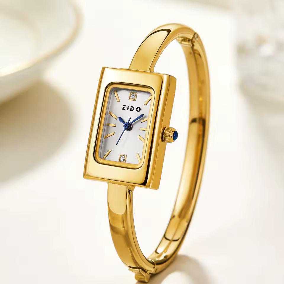Damen Quarzuhr Goldfarben Rechteckiges Zifferblatt Armband Armbanduhr