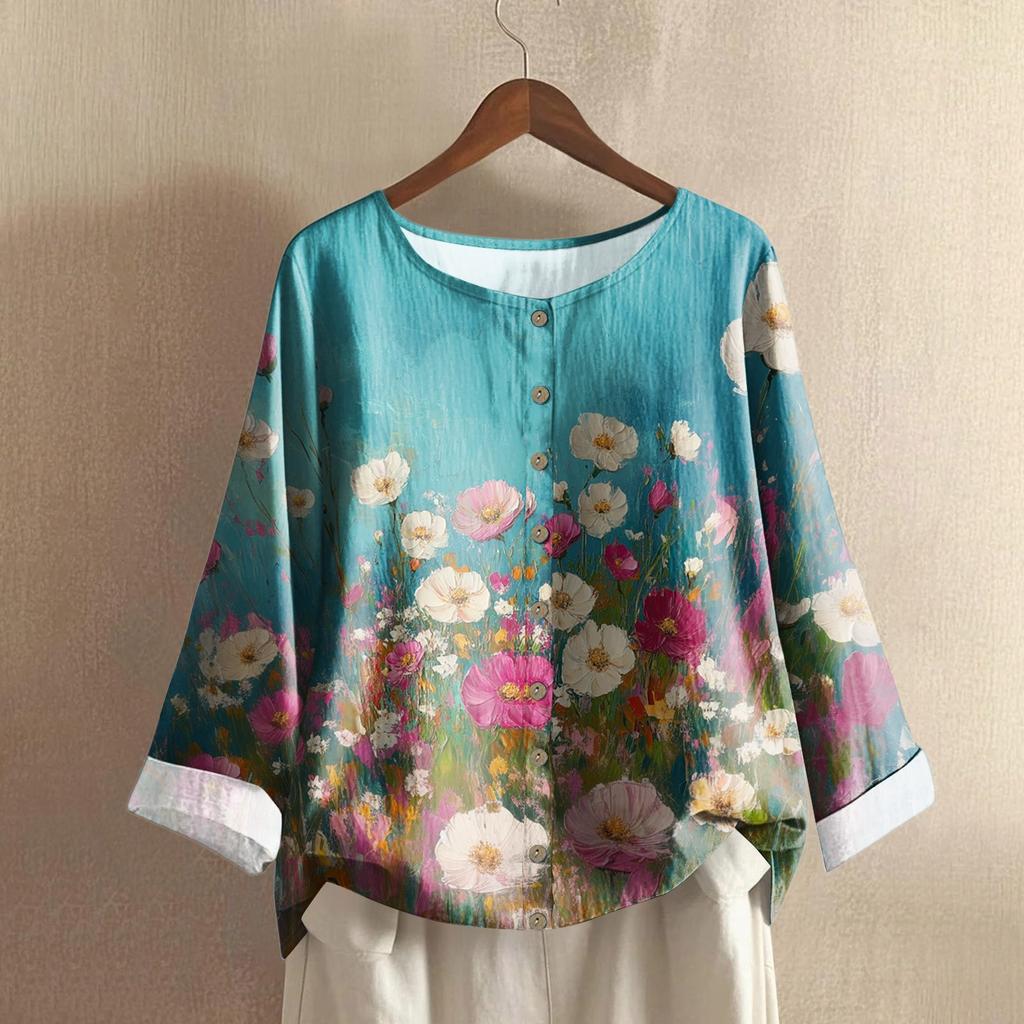Women's Fashionable And Casual Shirt Long-sleeve Round Neck Print Cotton And Linen Blouse Top