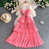 French Gentle Style Temperament V-neck Suspender Dress Female Sexy Hollow Waist Thin Pleated Ruffle Edge Dress
