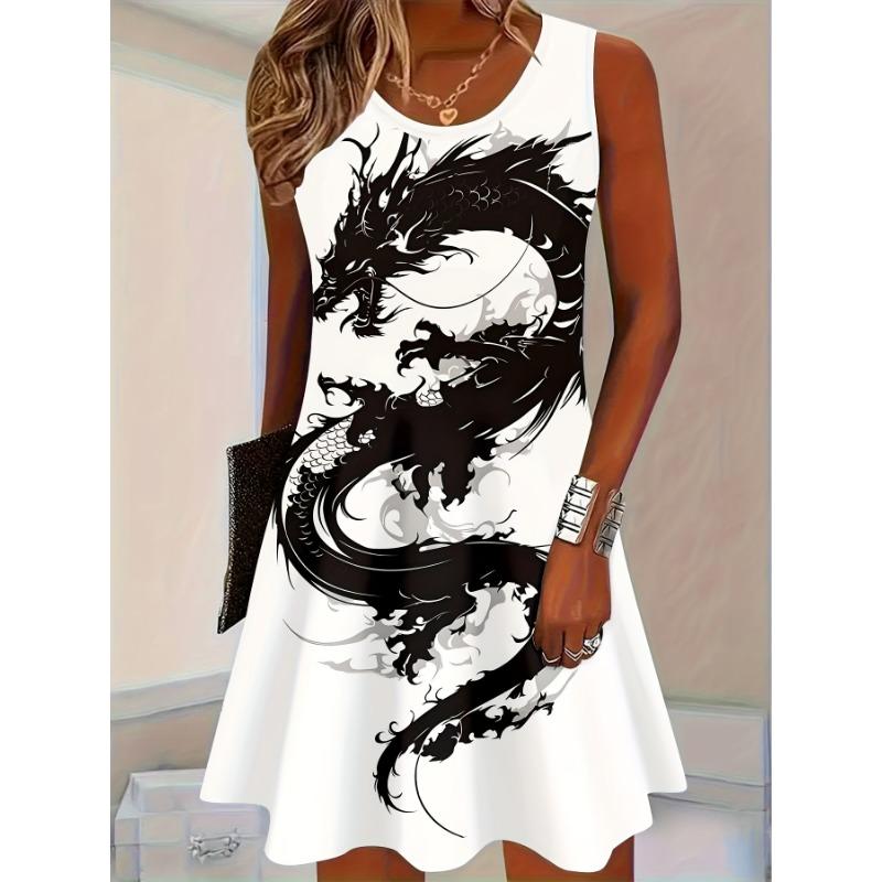 

Ladies unique dragon pattern overseas printed sleeveless dress S
