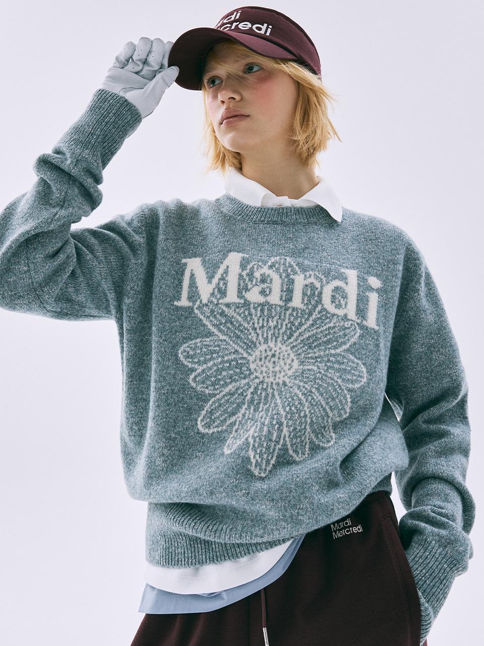 [mardimercredi] TWEED MARDI FLOWER KNIT PULLOVER_LIGHT BLUE IVORY FREE