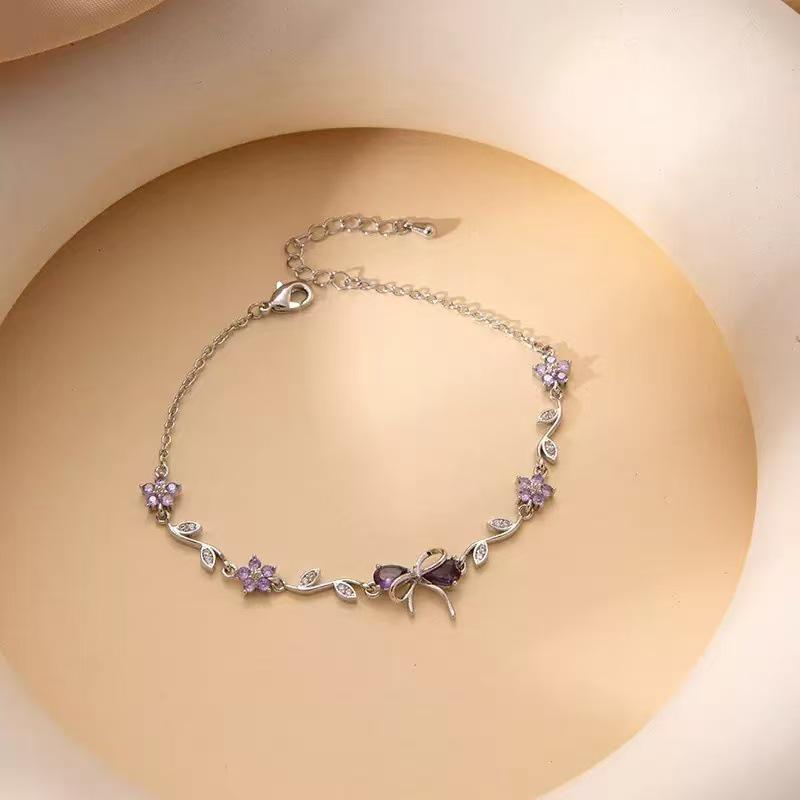 Zircon Five-Petal Flower Bracelet with Full Diamond Branches - Exquisite Hand Jewelry