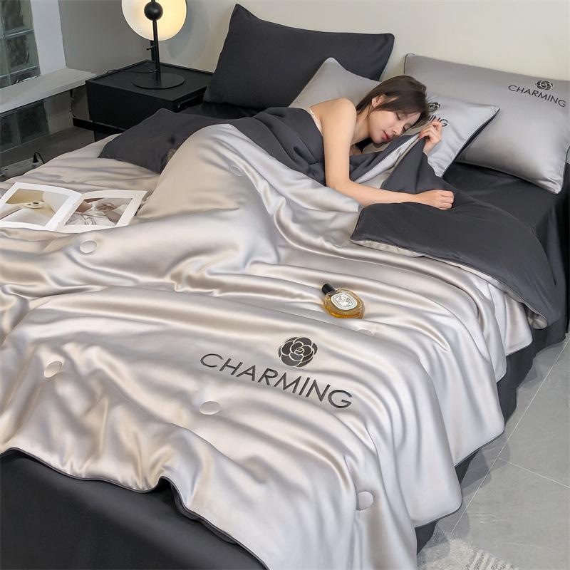 Class A Ice Silk Summer Quilt Set - Cooling, Water Washable, Embroidered, Air Conditioning Friendly, Thin Quilt for Naked Sleep