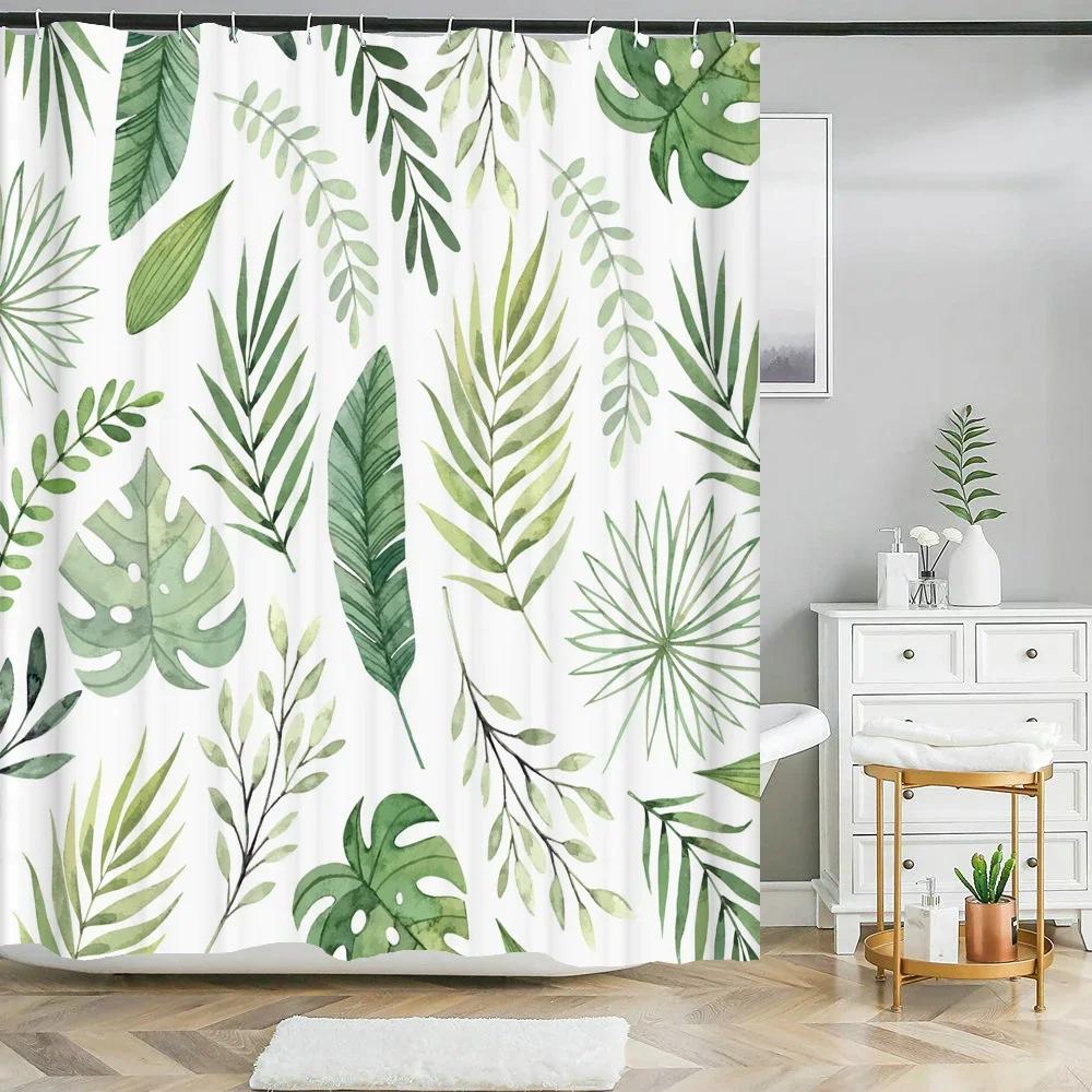 Abstract Art Shower Curtain Cartoon Green Plant Leaves 3D Print Funny Pattern Bath Screen Waterproof Polyester Screen Decor