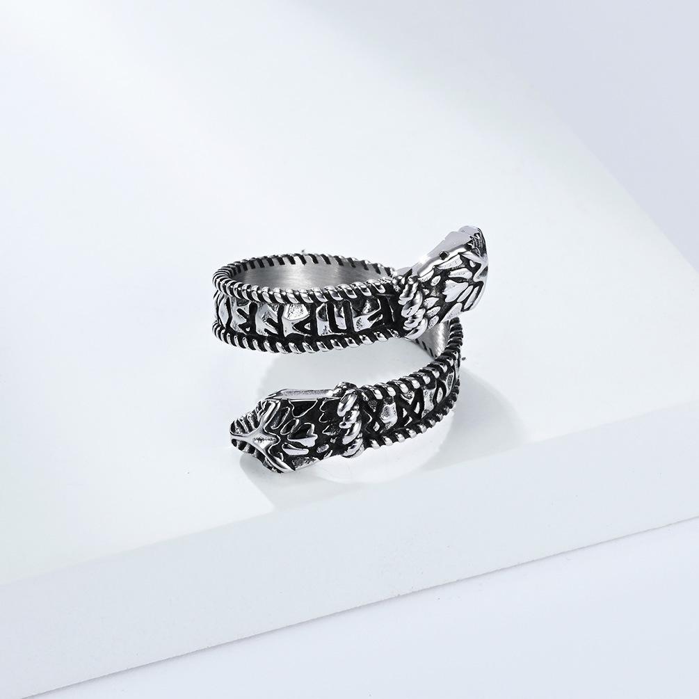 OAHLAN Fashion Jewelry Vintage Viking Rune Double Headed Snake Stainless Steel Ring for Men Gifts